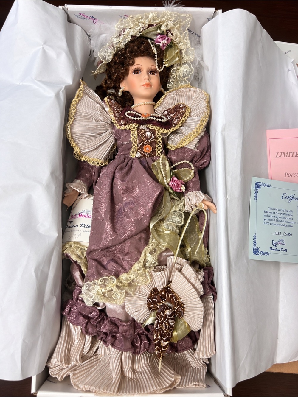 Porcelain Collectible Victorian Doll in Mauve and Cream
